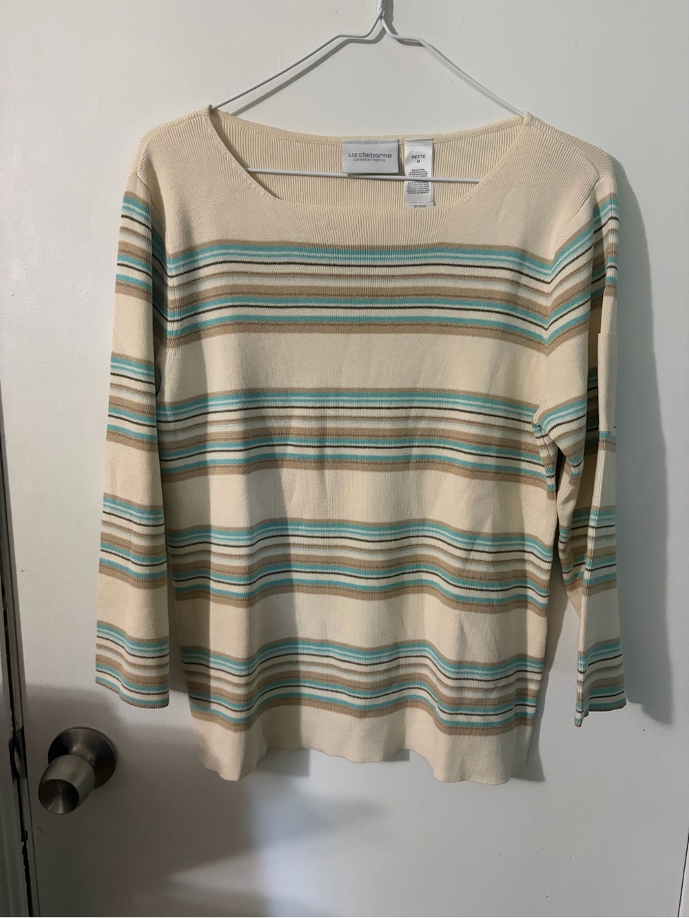 Liz Claiborne Liz Sport Petite Medium Striped Knit Top in Cream & Teal Tote14
